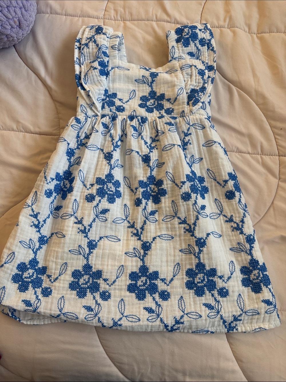 Zara White Dress with Blue Floral Embroidery
